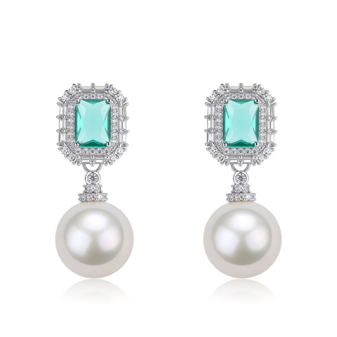 Clear Green Zirconia Pearl Earrings - S925 Sterling Silver